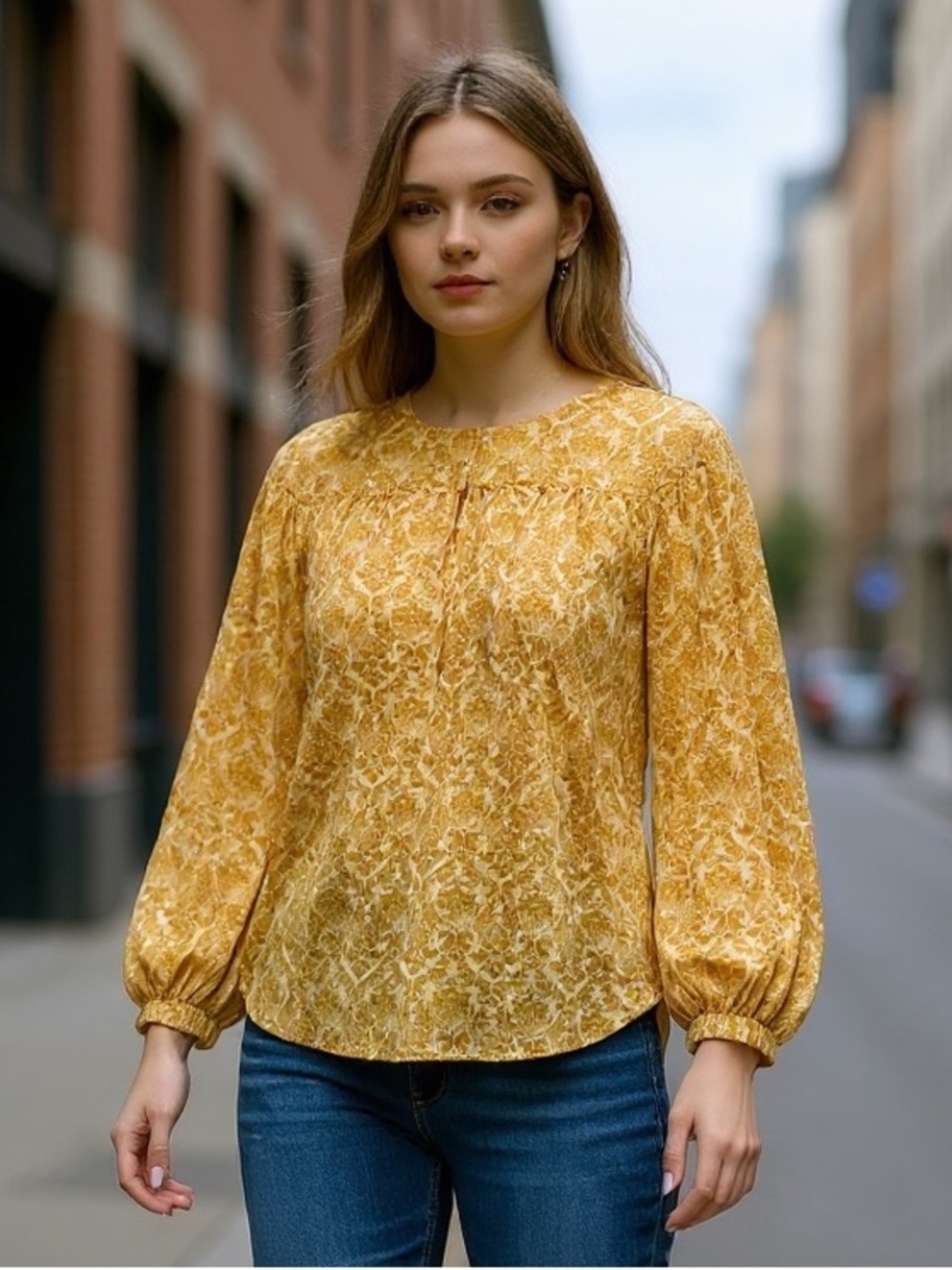 LOFT Mustard Yellow Floral-Yoke Button Front Blouse